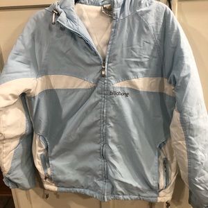 Billabong blue and white winter jacket with hood and zipper closure